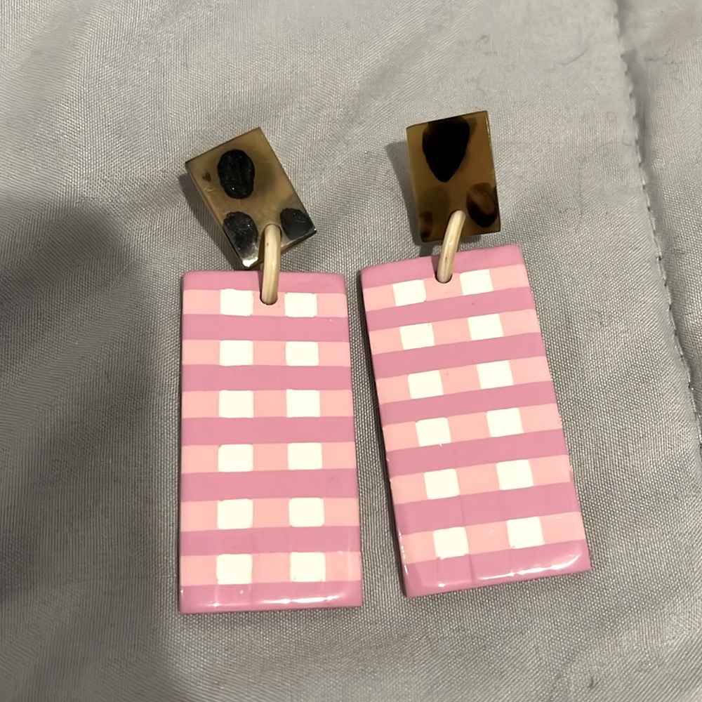 Anthropologie Pink and White Checkered Earrings